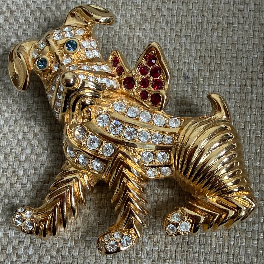 Vtg KJL Kenneth Lane Gold Tone Rhinestone Dog Terrier w/ Bow Brooch